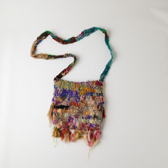 Y2K Vtg Handcrafted Boho Knitted Sling Bag Multicolor Crossbody Hippie Indie - Picture 5 of 8